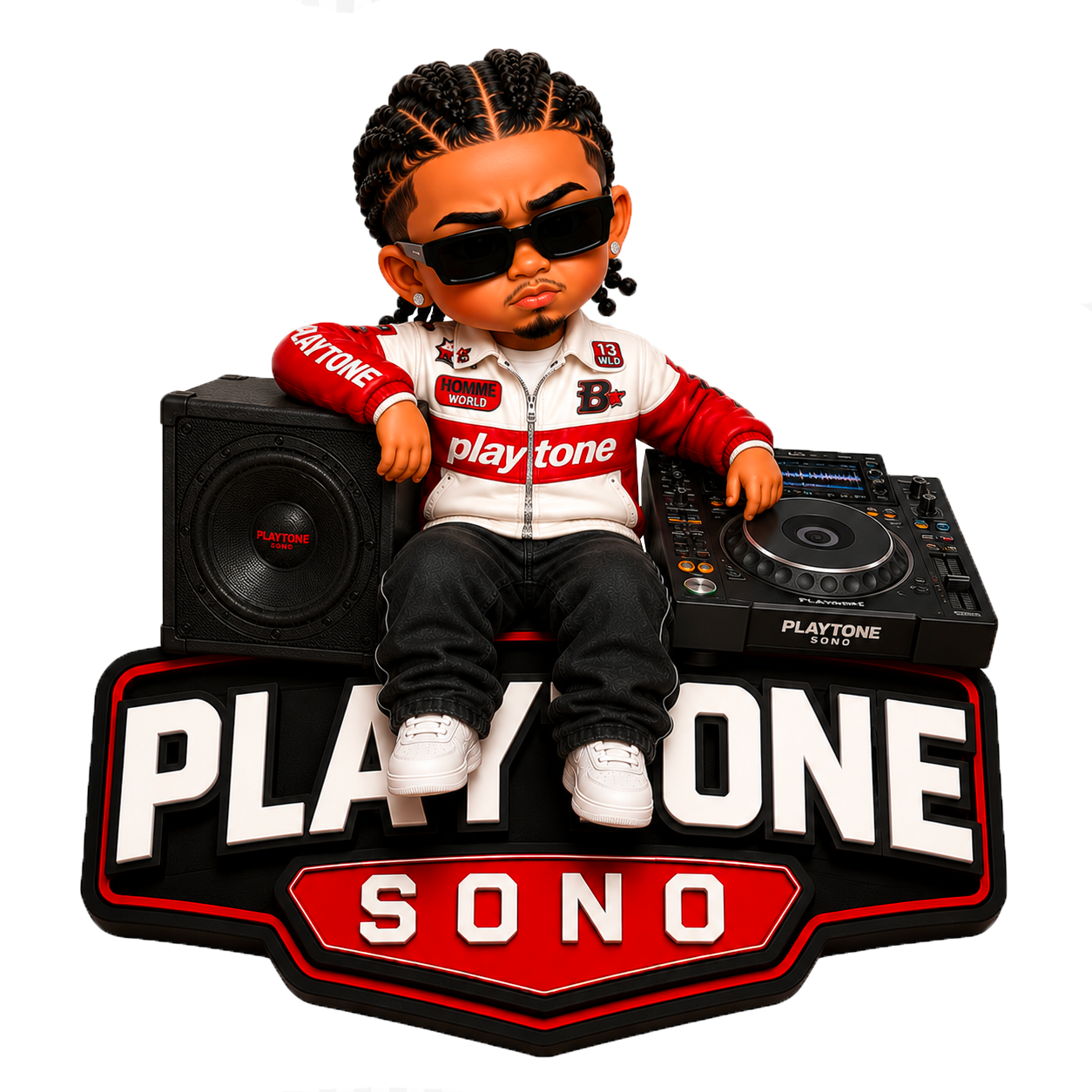 Playtone Mini, mascotte de Playtone Sono, avec son enceinte et sa platine DJ
